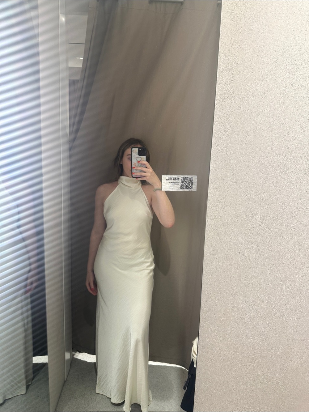Ivory satin high neck low back dress